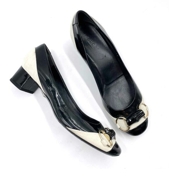 Gucci Patent‎ Leather Pumps Black White Suede Bamboo Horsebit Low Heel Sz 37 / 7 - Picture 1 of 10